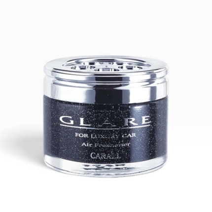 A GLARE brand car air freshener jar with a black glittery label and a shiny silver metal lid, set against a plain white background.