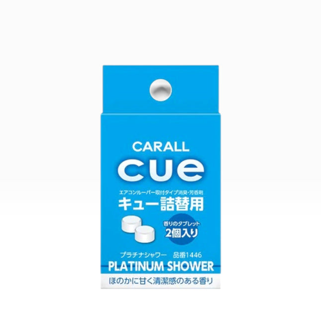 CARALL cue Platinum Shower product packaging in blue with white text, shown on a plain white background.