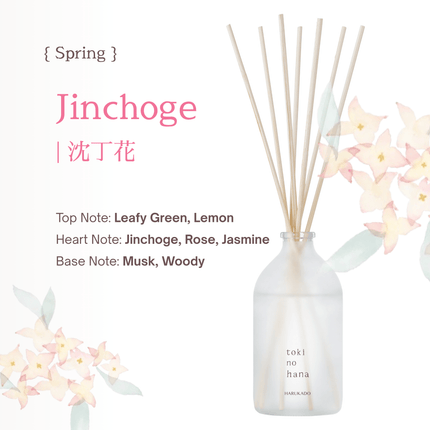 Diffuser with reeds and floral design on a white background, featuring the brand 'Jinchoge'.