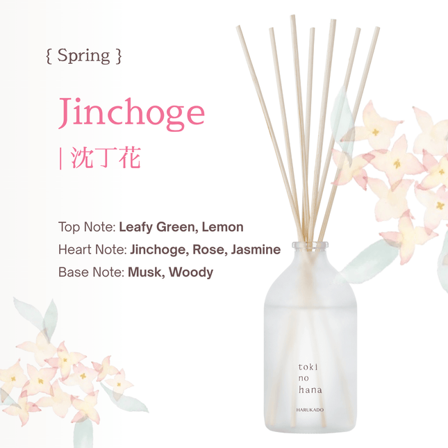 Diffuser with reeds and floral design on a white background, featuring the brand 'Jinchoge'.
