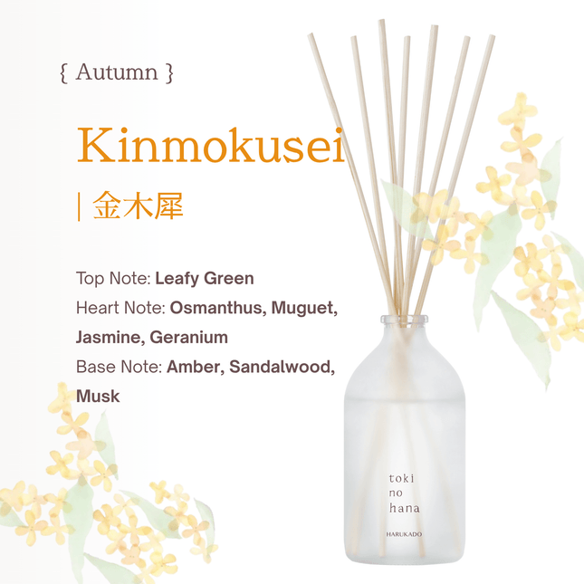 Diffuser with sticks and flowers labeled 'Kimmokusei' on a white background