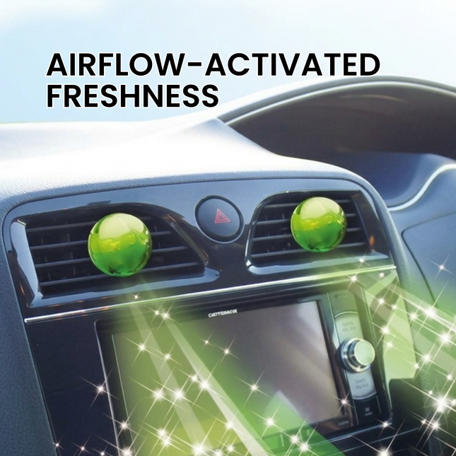 Car air freshener with 'AIRFLOW-ACTIVATED FRESHNESS' text on a blue background