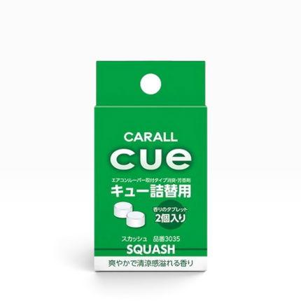 A green rectangular package of CARALL cue Squash cold and flu relief tablets, featuring white text and a small illustration of two white tablets, on a clean white background.