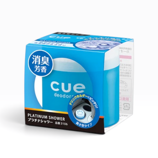 Cue Deodor Shower Platinum Shower Deodorizer packaging box in blue and white with Japanese text and a small circular product window showing the device.