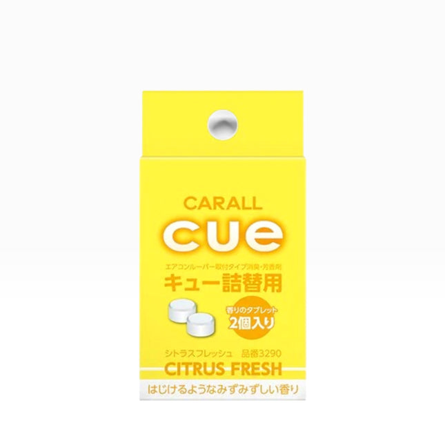 A yellow rectangular package of CARALL cue citrus fresh mouth freshener tablets, featuring white tablets and Japanese text on a clean white background.