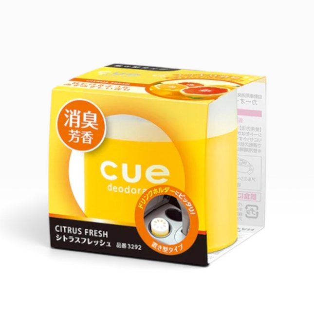 A box of Cue Deodorizer Citrus Fresh deodorizer sticks, featuring a bright yellow and orange design with Japanese text and a depiction of the deodorizer stick inside.
