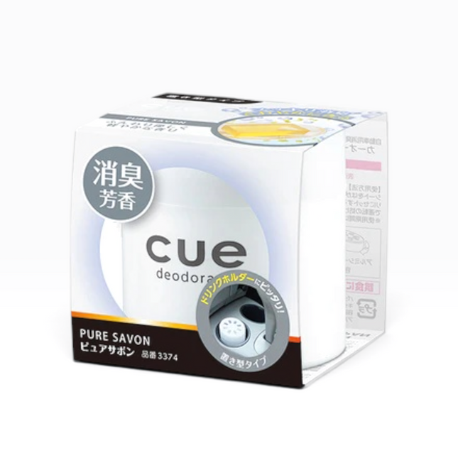 A box of cue deodorizer Pure Savon deodorizing tablets, featuring a white and black packaging design with Japanese text and a circular graphic of the deodorizer device.