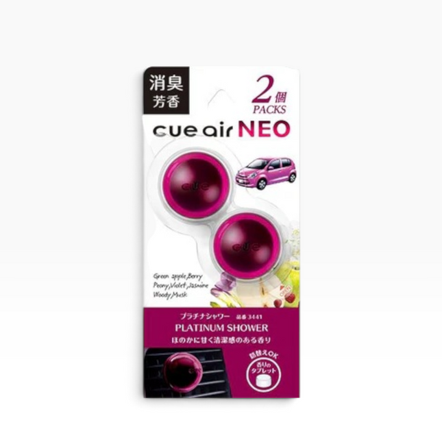 Cue Air NEO Platinum Shower 2-pack air freshener packaging, featuring two round purple plugs in a white and magenta card with Japanese text and a small car graphic.