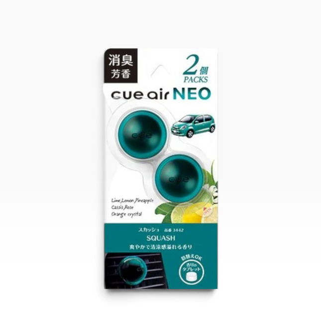 Cue Air NEO Splash air freshener 2-pack in its original retail packaging, featuring two round teal inserts and a lime and citrus scent illustration.