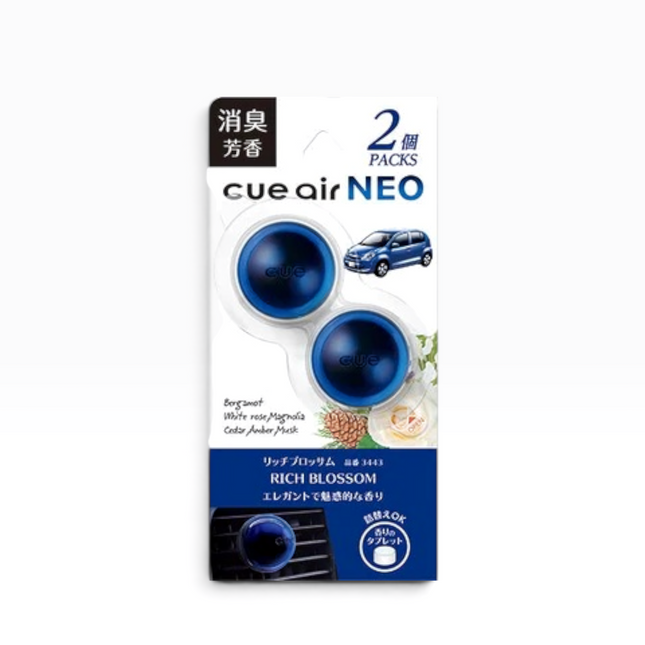 Cue Air NEO Rich Blossom 2-pack car air freshener packaging, featuring two blue round pods on a white and blue card with Japanese text and a small car illustration.