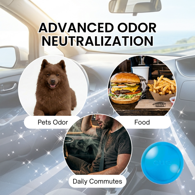 Advertisement for advanced odor neutralization product with images of a dog, food, and a person in a car.