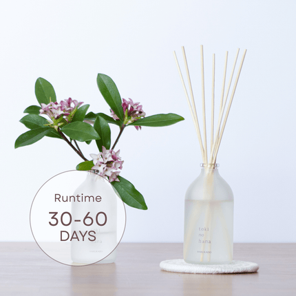 White diffuser bottle with reeds and a plant on a light surface, with a label indicating runtime.