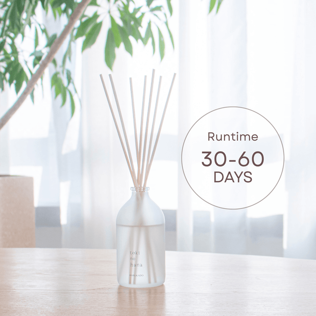 Diffuser with reeds on a table with a blurred background
