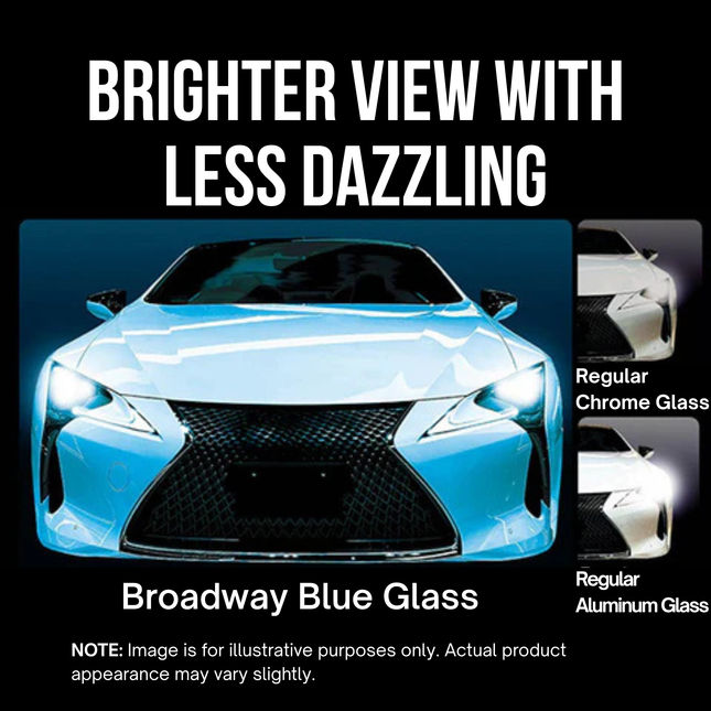 Car with Broadway Blue Glass on a black background, comparing to regular chrome and aluminum glass.