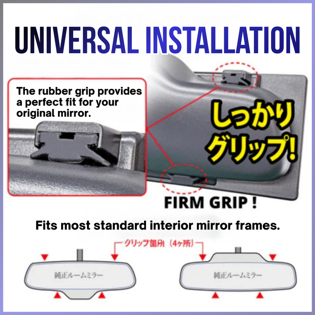 Advertisement for a car mirror installation kit with text and graphics on a white background.