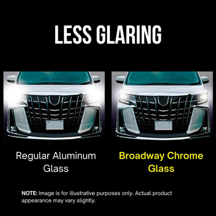 Comparison of regular aluminum glass and Broadway Chrome glass on a vehicle's front, with text indicating 'LESS GLARING'.