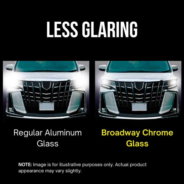 Comparison of regular aluminum glass and Broadway Chrome glass on a vehicle's front, with text indicating 'LESS GLARING'.