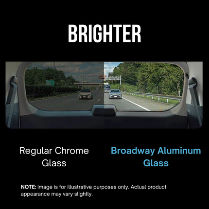 Comparison of regular chrome glass and Broadway aluminum glass on a car's rearview mirror.