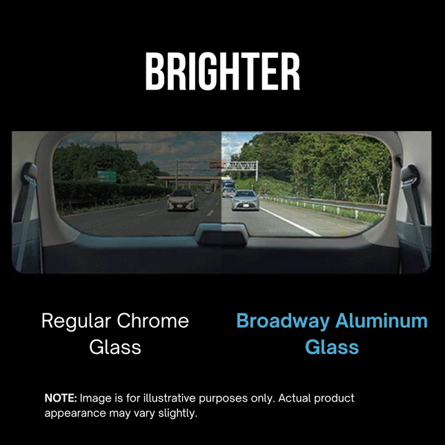Comparison of regular chrome glass and Broadway aluminum glass on a car's rearview mirror.