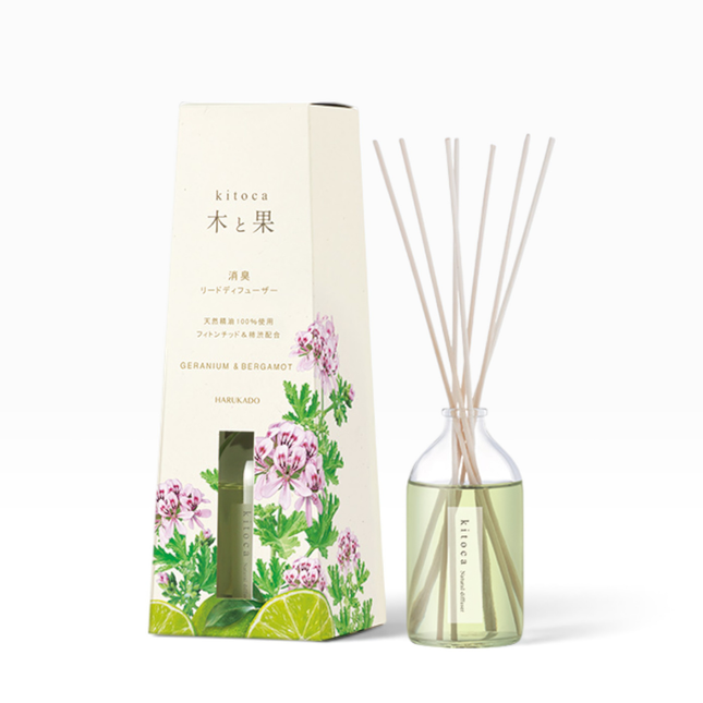 Kitoca Geranium & Bergamot reed diffuser set, featuring a cream-colored box with green and pink floral illustrations and a clear glass bottle filled with pale green liquid and natural reed sticks, on a clean white background.