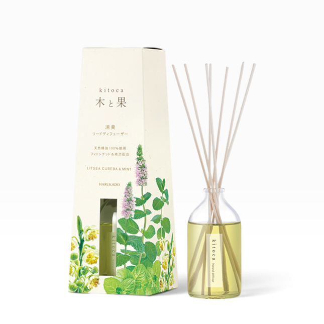 Kitoca Littea Cucumber and Mint reed diffuser set, featuring a cream-colored box with botanical illustrations next to a clear glass bottle filled with pale yellow liquid and natural reed sticks, on a clean white background.