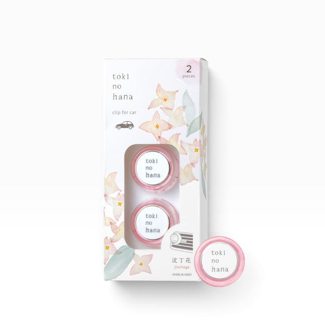 Toki no hana car clip packaging box with two pink circular car air freshener clips visible through a clear window, plus one loose clip shown in front on a clean white background.