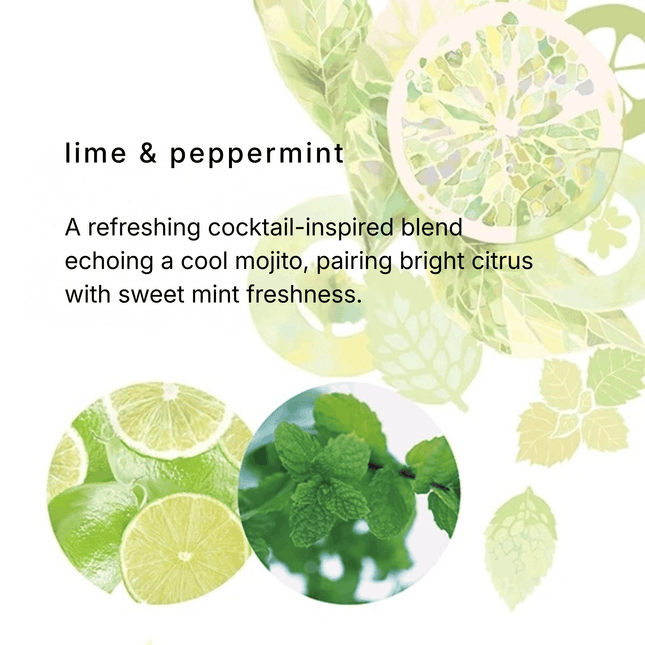 Lime & Peppermint: A refreshing cocktail-inspired blend echoing a cool mojito, pairing bright citrus with sweet mint freshness.