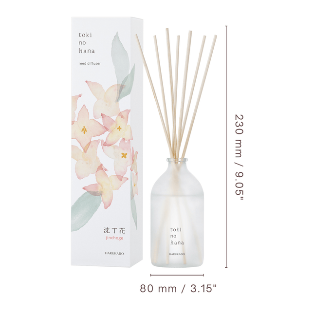 Diffuser bottle with wooden sticks and packaging on a white background