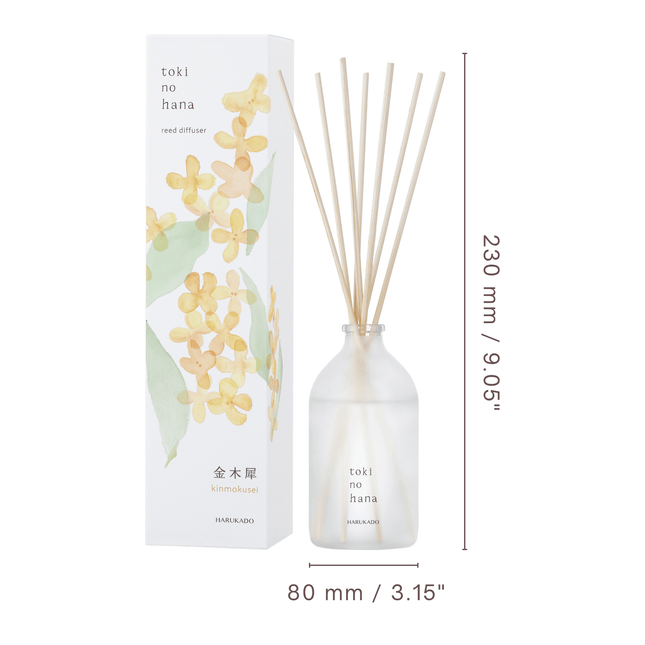 Diffuser bottle and packaging with floral design on a white background