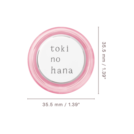 Round container with pink rim and 'toki no hana' text, showing dimensions on a white background