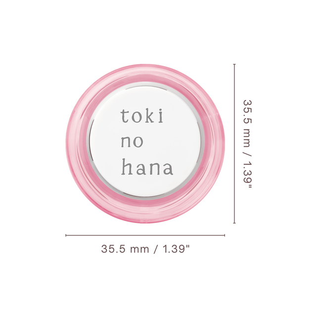 Round container with pink rim and 'toki no hana' text, showing dimensions on a white background