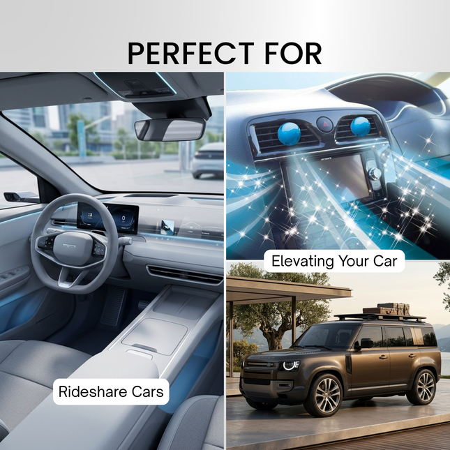 Collage of car interior, dashboard, and exterior with text 'Perfect for Rideshare Cars' and 'Elevating Your Car'.