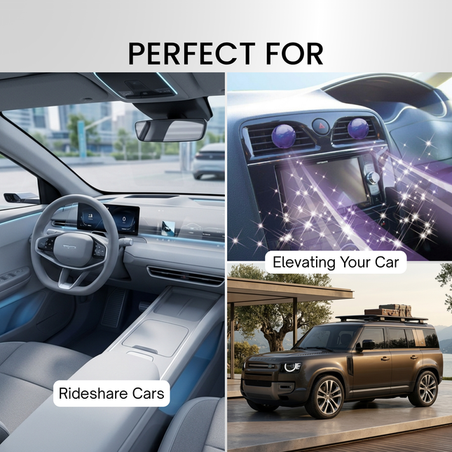 Collage of car interior, dashboard, and exterior with text 'Perfect for Rideshare Cars' and 'Elevating Your Car'.