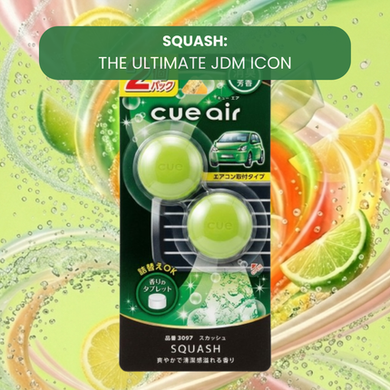 Cue Air car air freshener packaging with squash flavor on a colorful background