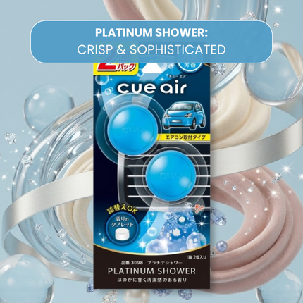 Cue Air product packaging with blue spheres on a light blue background