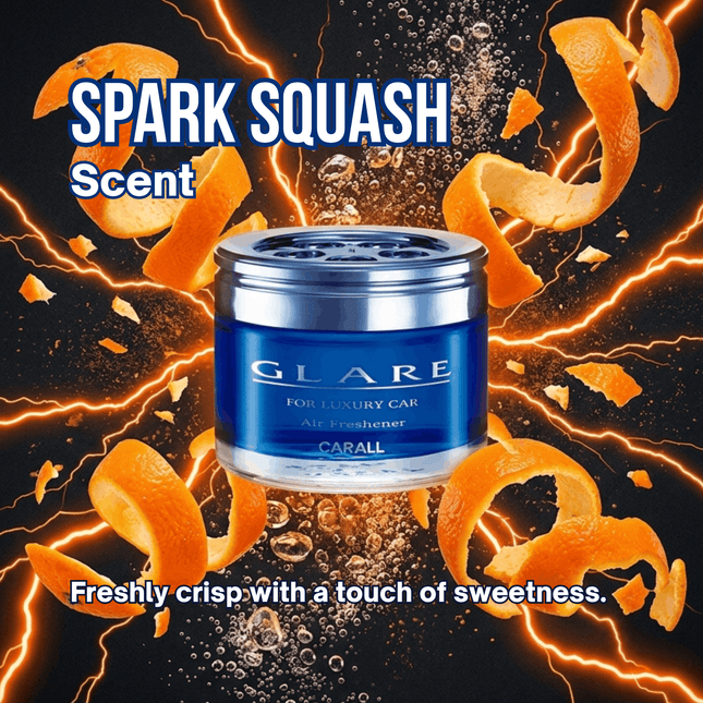 GLARE car air freshener with orange peels and electric effects on a dark background