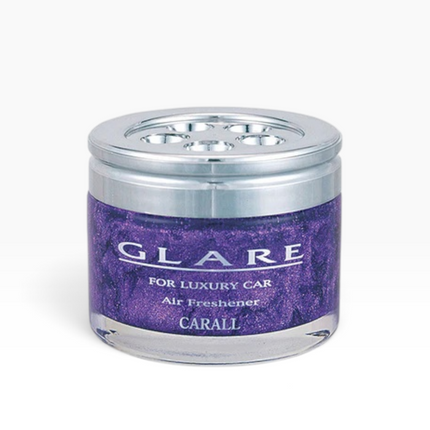 A luxury car air freshener jar by GLARE, featuring a purple glittery label and a silver metallic cap, set against a plain white background.