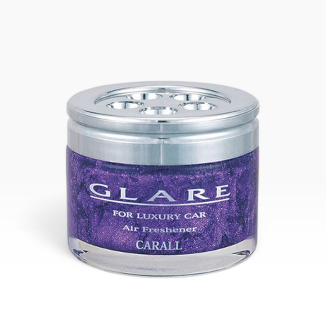 A luxury car air freshener jar by GLARE, featuring a purple glittery label and a silver metallic cap, set against a plain white background.