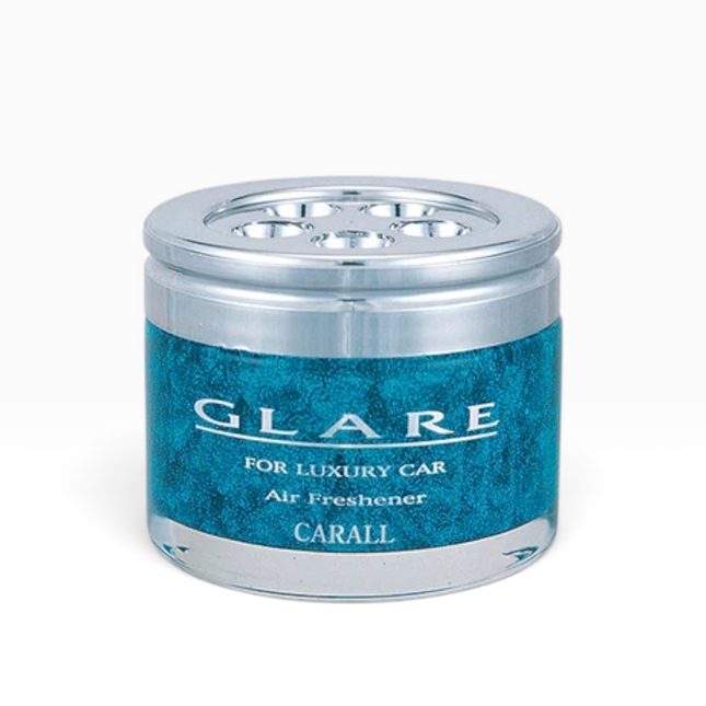 A cylindrical car air freshener jar with a metallic silver lid and base, featuring a textured teal blue label with white text that reads 'GLARE FOR LUXURY CAR Air Freshener CARALL'.