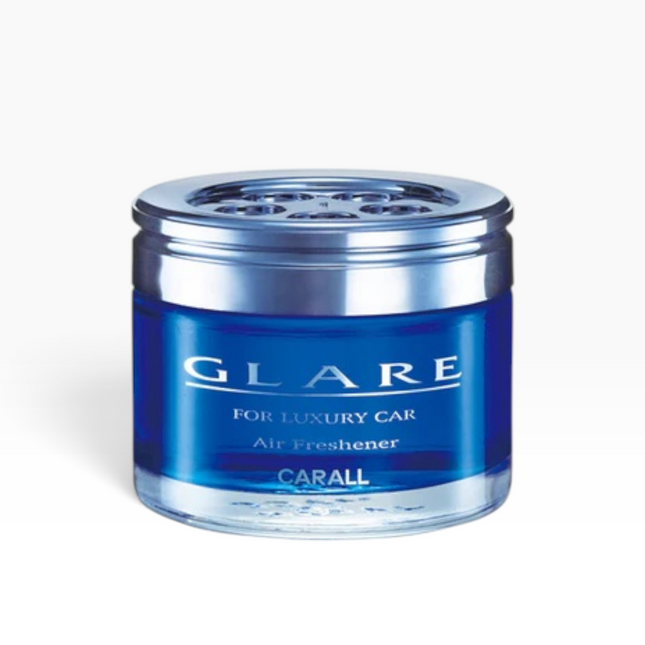 A blue and silver car air freshener jar labeled 'GLARE' and 'CARALL' on a clean white background.