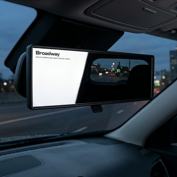 Car rearview mirror with a reflective screen displaying 'Broadway' text, night cityscape outside.