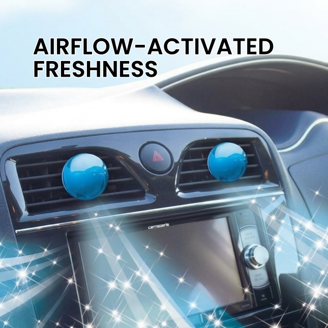 Car air freshener with 'Airflow-Activated Freshness' text on a car dashboard background.