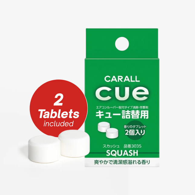 Carall CUE squash replacement tablets packaging with two tablets on a white background