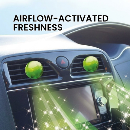 Car air freshener with 'AIRFLOW-ACTIVATED FRESHNESS' text on a blue background