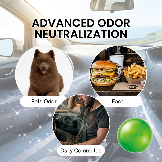 Advertisement for advanced odor neutralization system with a dog, food, and person in a car.