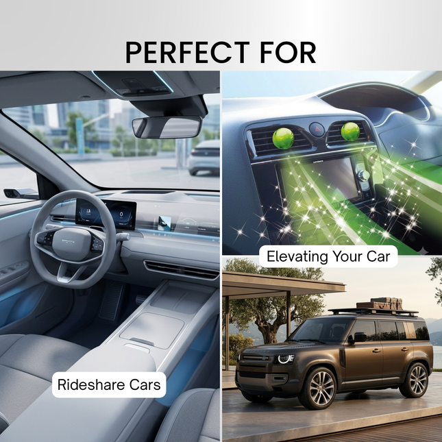 Collage of car interior, dashboard, and exterior with text highlighting features.