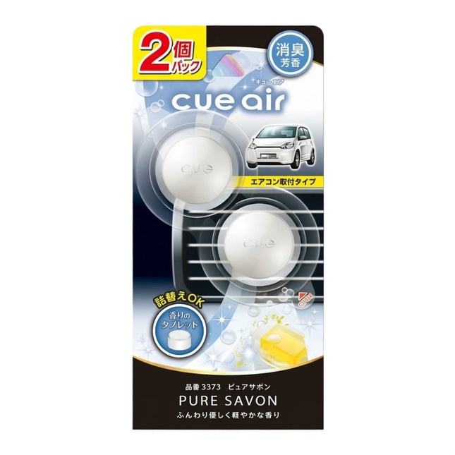 Packaging of cue air Pure Savon car air freshener with Japanese text and graphics.