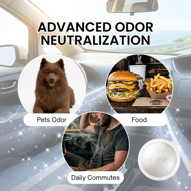 Advertisement for advanced odor neutralization product with images of a dog, food, and a person in a car.