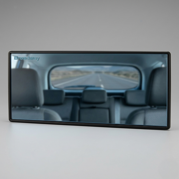 Digital display showing a car interior view with 'Broadway' branding.