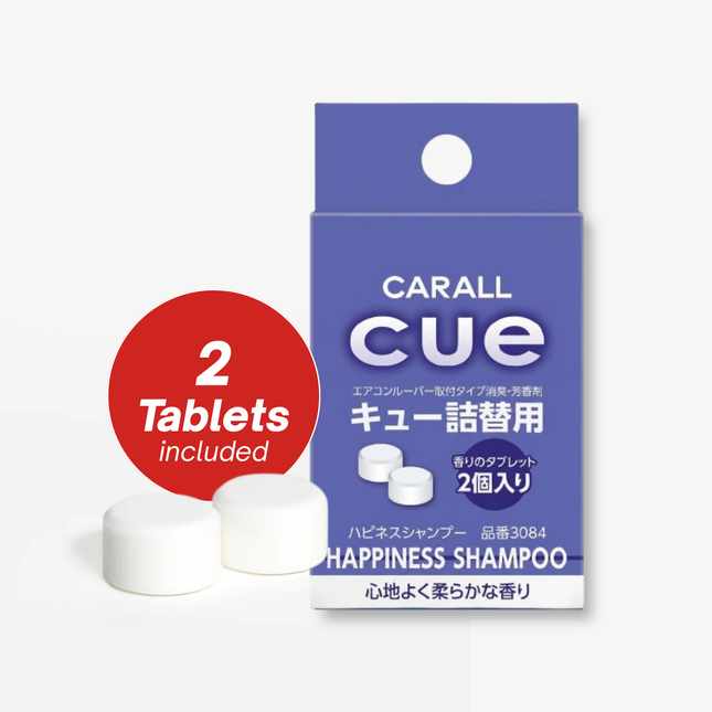 Carall CUE shampoo tablets packaging with two tablets on a light gray background